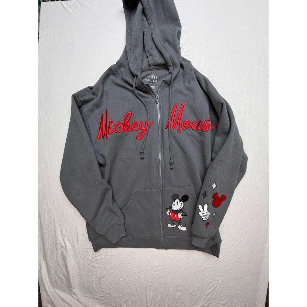 Disney Mickey Mouse Gray Zip Up Hoodie Sweatshirt Embroidered Script Women Small